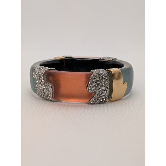 Alexis Bittar Blue and Orange Lucite Hinged Bracelet Goldtone and Crystals 7.5” - Picture 3 of 7